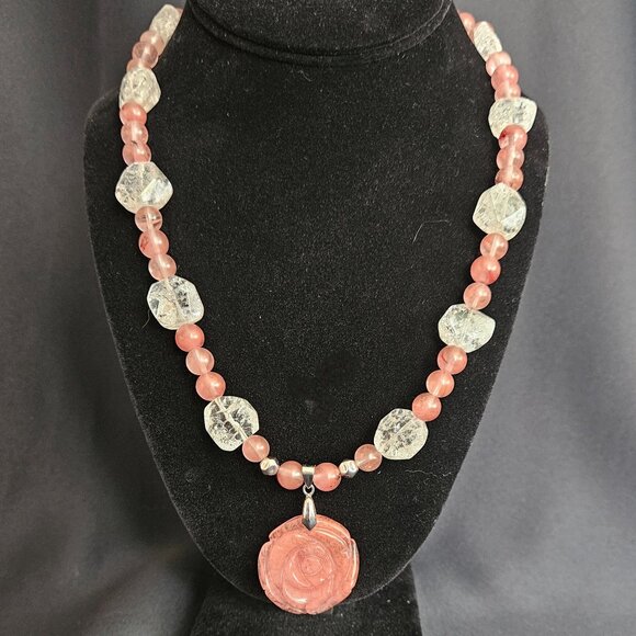 Hand Crafted Jewelry - Hand Crafted Cherry Quartz Beads and Carved Cherry Quartz Pendant Necklace